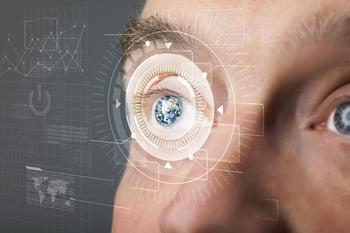 Modern cyber man with technology eye looking Modern cyber man with technology eye looking
